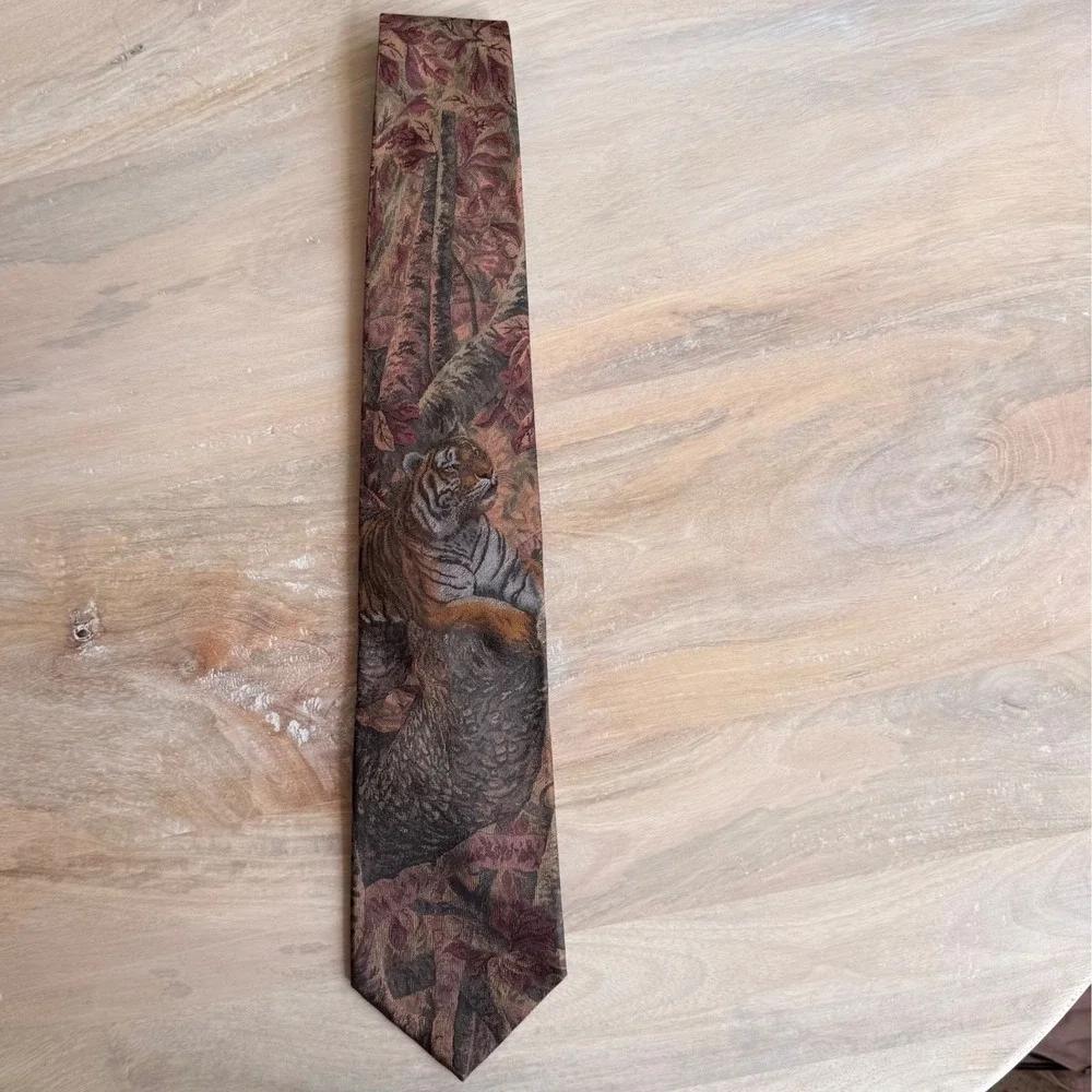 VTG Rare Christian Dior Monsieur Tiger Tapestry Silk Tie Mens Wildlife Safari